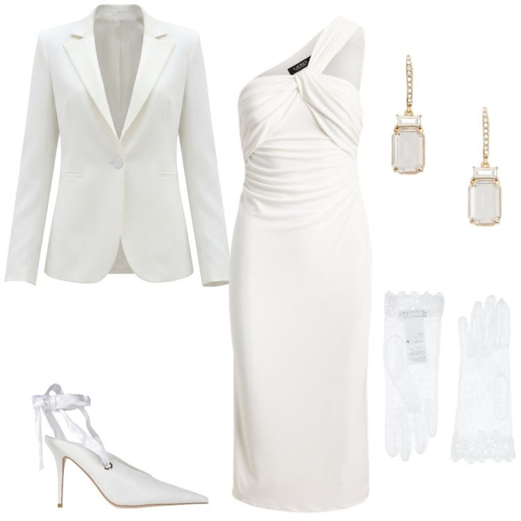 Outfit donna - Sposa di maggio. Stile Chic per Cerimonia. Abbinamento con guanti, décolleté, blazer, orecchini, vestiti asimmetrici.