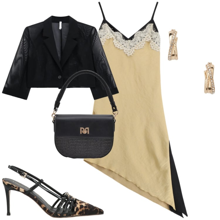 Outfit donna - Serata. Stile Trendy per Serata fuori. Abbinamento con décolleté, blazer, borse a spalla, vestiti asimmetrici, orecchini.