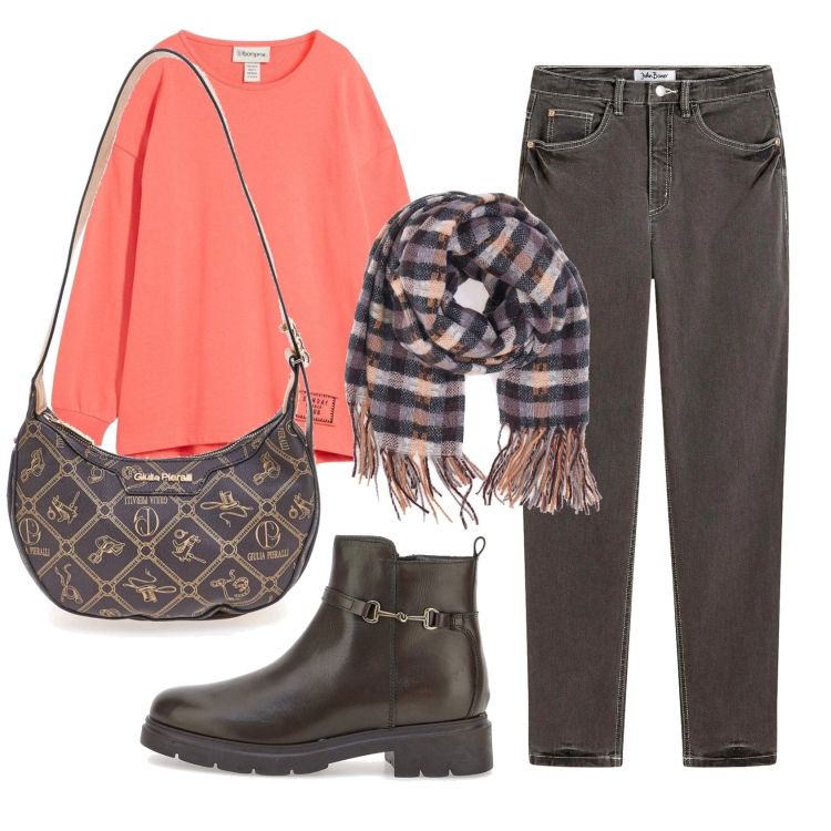 Outfit donna - Total look #2392590. Stile Basic per Tutti i giorni. Abbinamento con felpe, jeans mom, sciarpe, stivaletti, borse a tracolla.