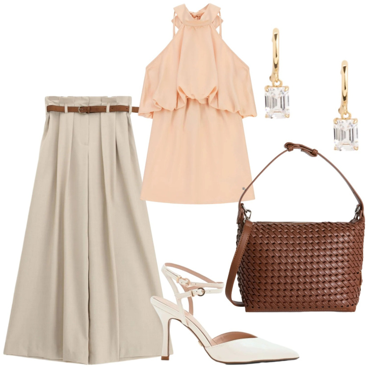 Outfit donna - Top Peach blush. Stile Minimal per Tutti i giorni. Abbinamento con borse a spalla, décolleté, pantaloni a palazzo, vestiti corti, orecchini.