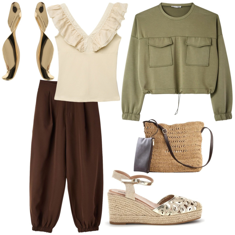 Outfit donna - Maggio. per Tutti i giorni. Abbinamento con borse a tracolla, top, pantaloni, felpe, orecchini, zeppe.