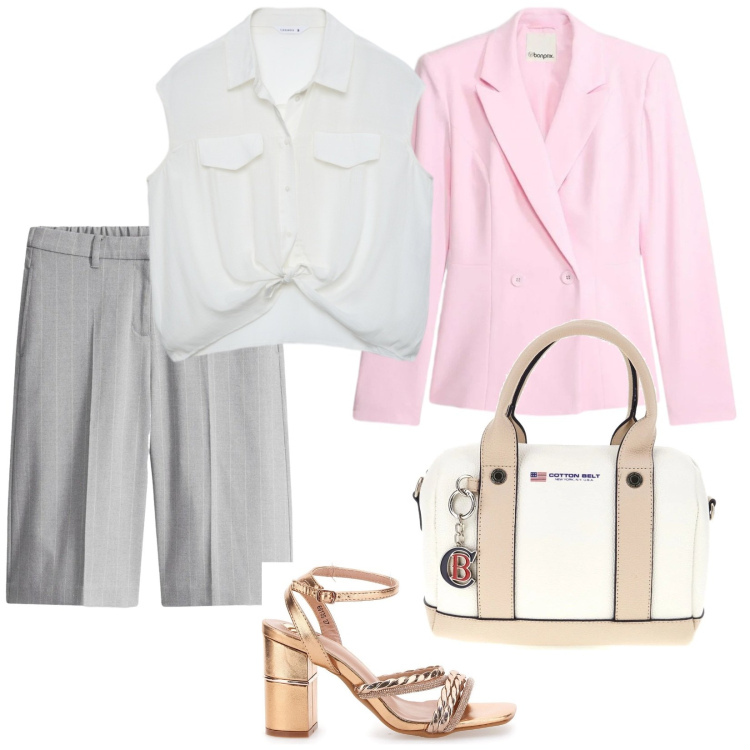 Outfit donna - Bermuda grigio. per Ufficio. Abbinamento con bermuda, blazer, camicie a manica corta, sandali col tacco, borse a mano.