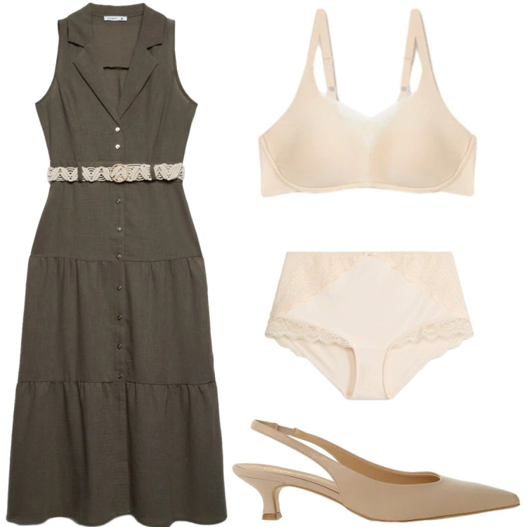Outfit donna - ​Chic d\'Estate. Stile Chic per Serata fuori. Abbinamento con culotte, vestiti chemisier, décolleté, reggiseni.