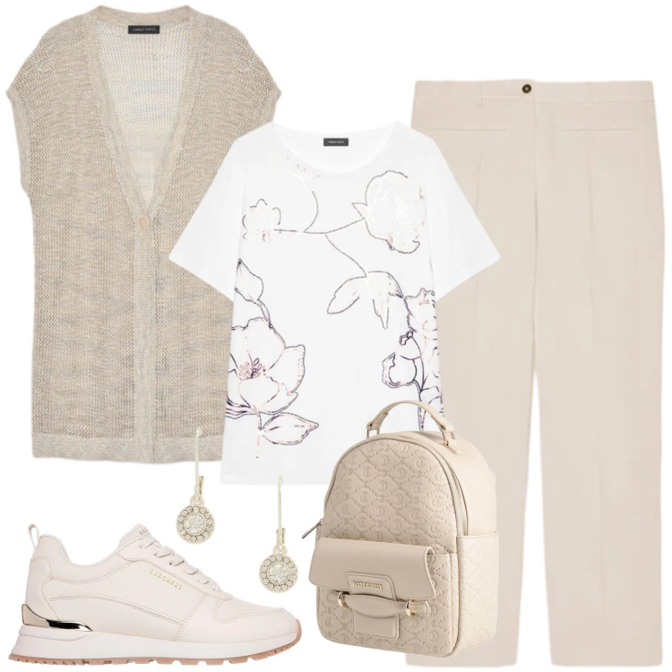 Outfit donna - Tempo libero. Stile Sporty chic per Tutti i giorni. Abbinamento con zaini, maglieria, t-shirt, pantaloni, orecchini, sneakers.