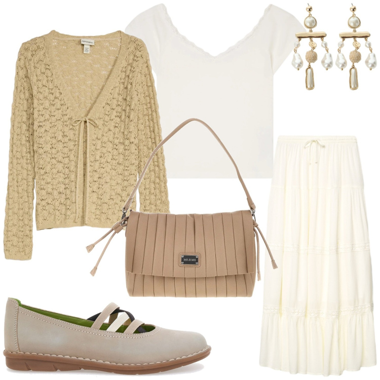 Outfit donna - Romantica in primavera. Stile Romantica per Tutti i giorni. Abbinamento con cardigans, canottiere, gonne lunghe, orecchini, ballerine, pochette.