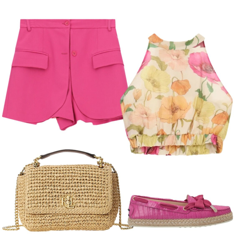 Outfit donna - Aperitivi estivi. Stile Casual chic per Serata fuori. Abbinamento con espadrillas, shorts, top, borse a spalla.