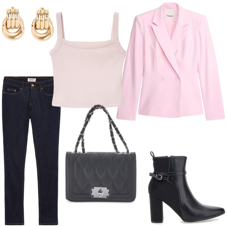Outfit donna - Il blazer leggero. Stile Casual chic per Ufficio. Abbinamento con jeans skinny, orecchini, blazer, canottiere, borse a tracolla, stivaletti.