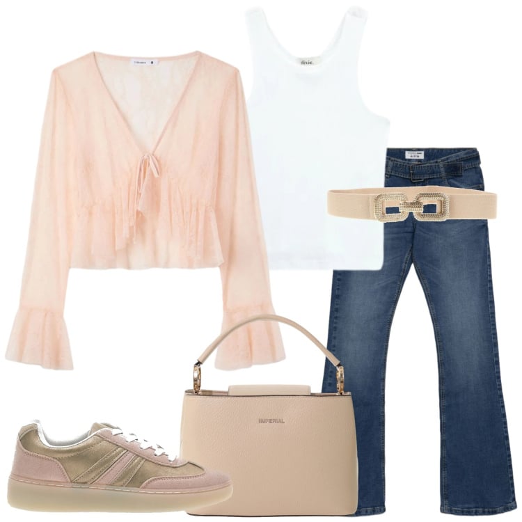 Outfit donna - Total look #2392602. Stile Basic per Tutti i giorni. Abbinamento con bluse, jeans a zampa, borse a secchiello, top, sneakers, cinture.