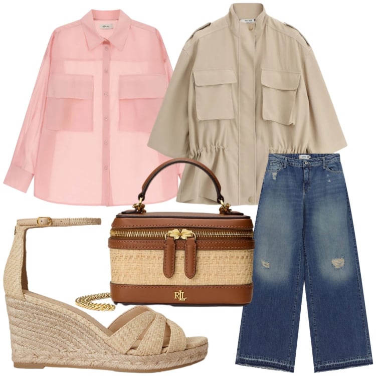 Outfit donna - Sahariana passpartout. Stile Basic per Tutti i giorni. Abbinamento con jeans dritti, parka, camicie, borse a tracolla, espadrillas.