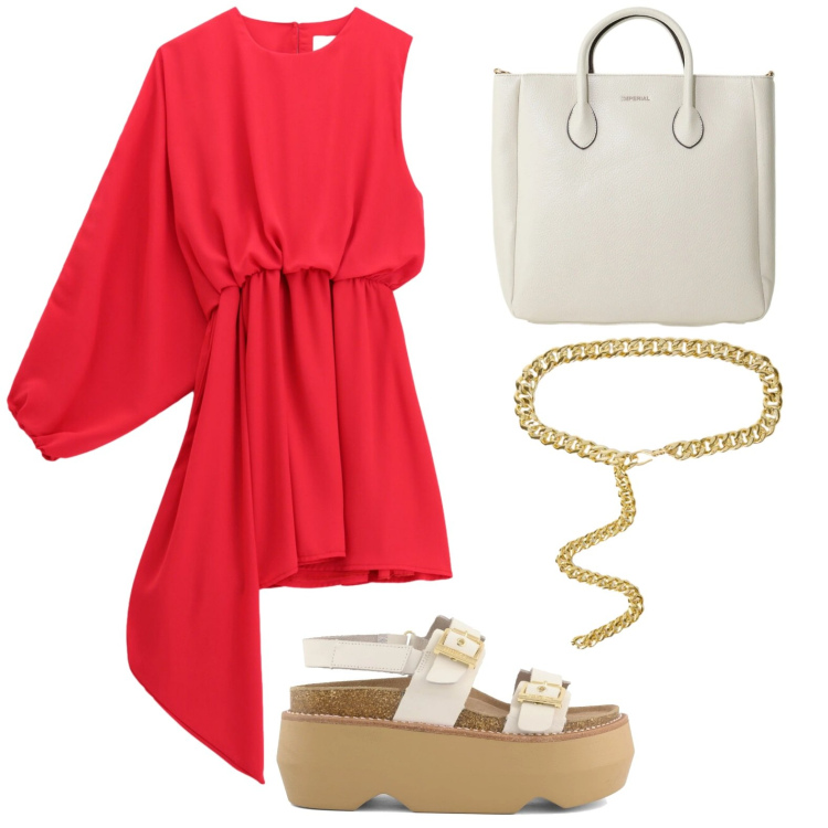 Outfit donna - Dettagli ipnotici. Stile Glamour per Tutti i giorni. Abbinamento con cinture, borse a tracolla, vestiti asimmetrici, zeppe.