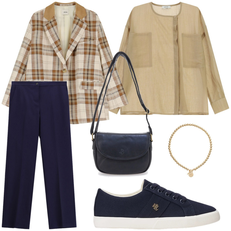 Outfit donna - Quadri e camicia. Stile Casual per Ufficio. Abbinamento con blazer, camicie, pantaloni, collane, sneakers, borse a tracolla.