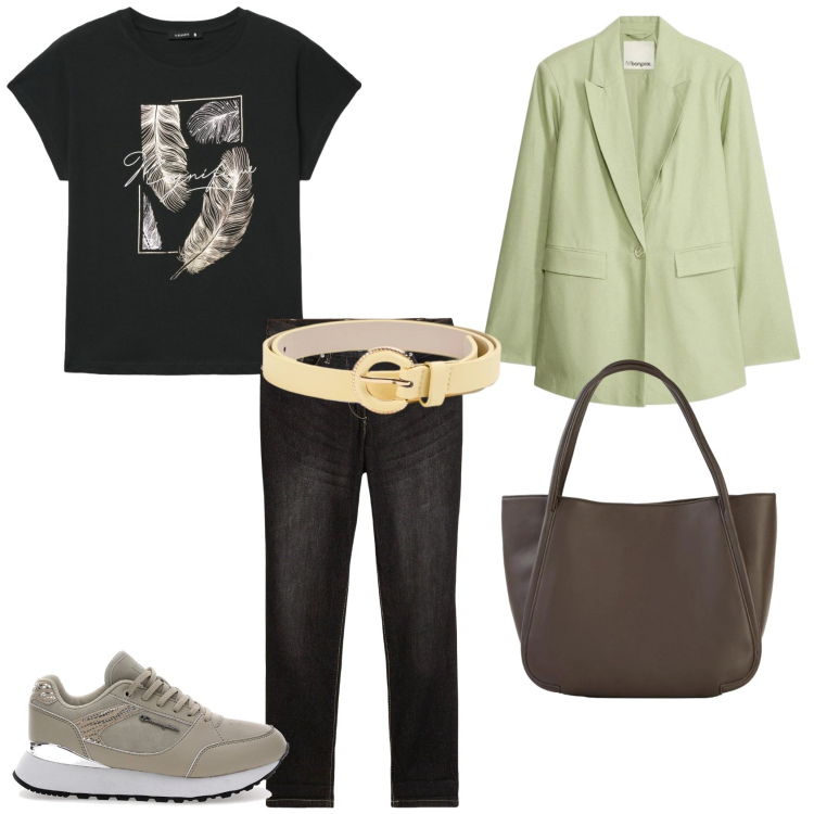 Outfit donna - Lo stile Urban. Stile Urban per Ufficio. Abbinamento con jeans boyfriend, shopping bag, blazer, cinture, t-shirt, sneakers.