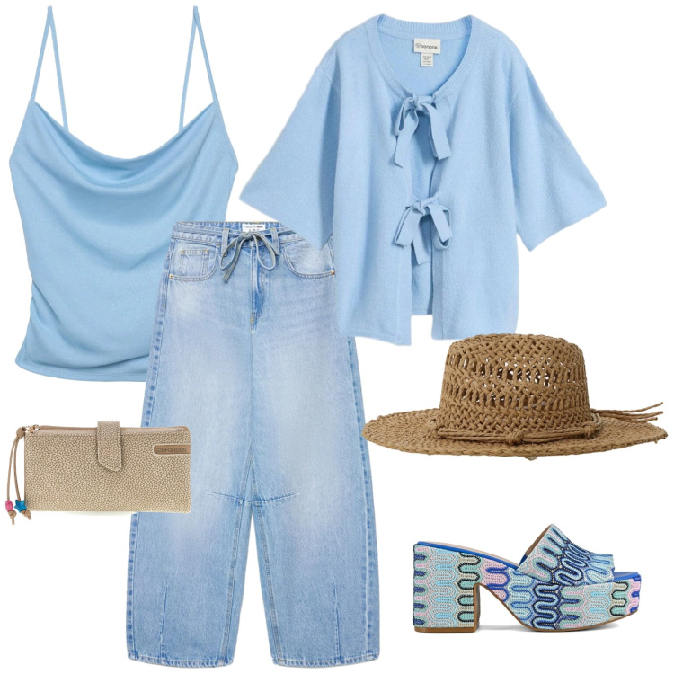 Outfit donna - Primo maggio al mare. per Mare. Abbinamento con cardigans, jeans, canottiere, cappelli, sabot, portafogli.