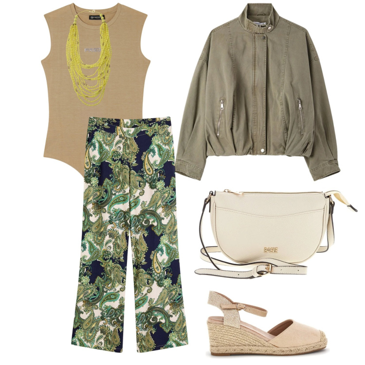 Outfit donna - Everyday. per Tutti i giorni. Abbinamento con pantaloni, bomber, collane, top, zeppe, borse a tracolla.