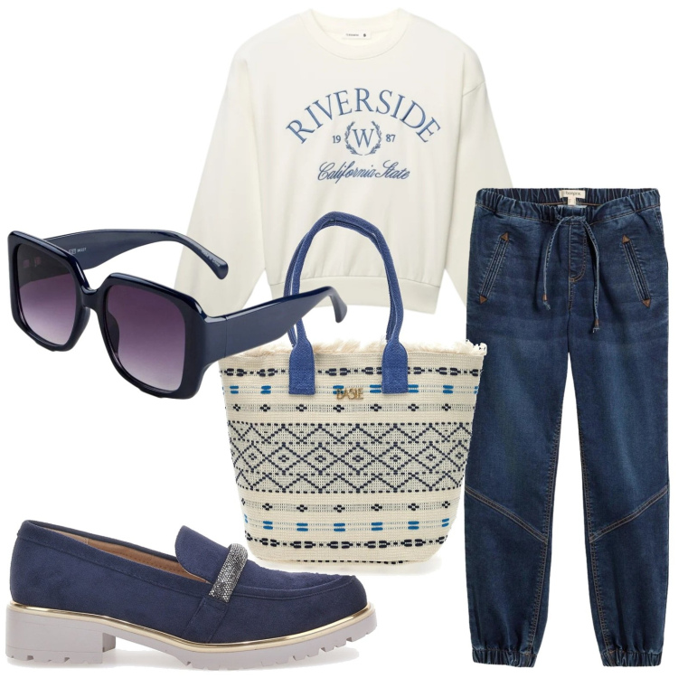 Outfit donna - Occhiali blu navy. Stile Sporty chic per Tutti i giorni. Abbinamento con occhiali da sole, pantaloni, felpe, mocassini, borse a mano.
