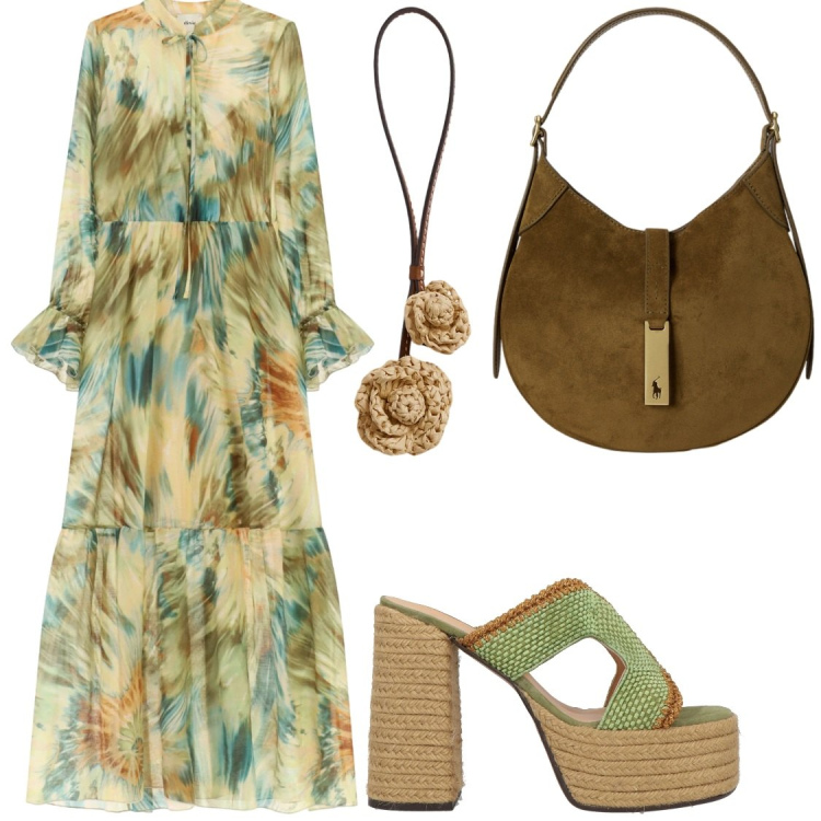 Outfit donna - Boho Dream. Stile Boho per Serata fuori. Abbinamento con espadrillas, vestiti lunghi, borse a spalla, ciondoli.