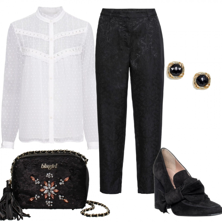 Outfit donna - Dandy vittoriano. Stile Trendy per Tutti i giorni. Abbinamento con camicetta con pizzo bianco, borsa a tracolla con strass e frange nero, décolleté con fiocco effetto scamosciato nero, orecchini a bottone con pietra farfalla oro.