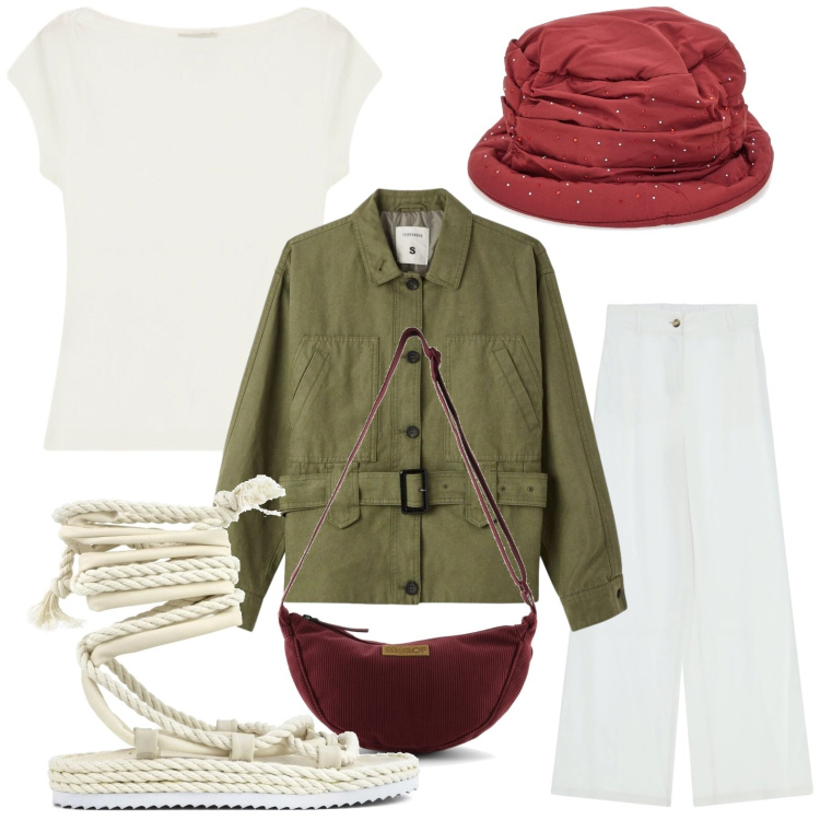 Outfit donna - Sandalo in corda. Stile Casual per Tutti i giorni. Abbinamento con cappotti, top, pantaloni, sandali, cappelli, borse a tracolla.