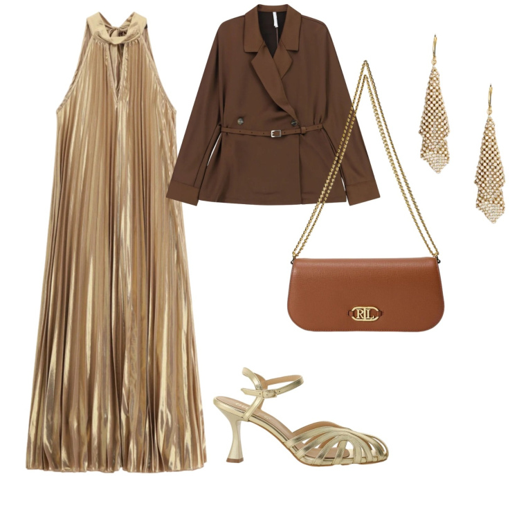 Outfit donna - Usciamo. per Serata fuori. Abbinamento con blazer, vestiti lunghi, sandali col tacco, orecchini, borse a spalla.