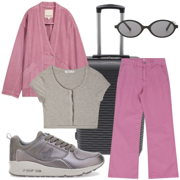 Outfit donna - Weekend pink. Stile Casual per Tutti i giorni. Abbinamento con blazer, top, occhiali da sole, jeans, sneakers, valigie.