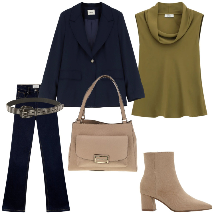 Outfit donna - Denim chic. Stile Casual chic per Ufficio. Abbinamento con stivaletti, cinture, jeans a zampa, blazer, top, borse a spalla.