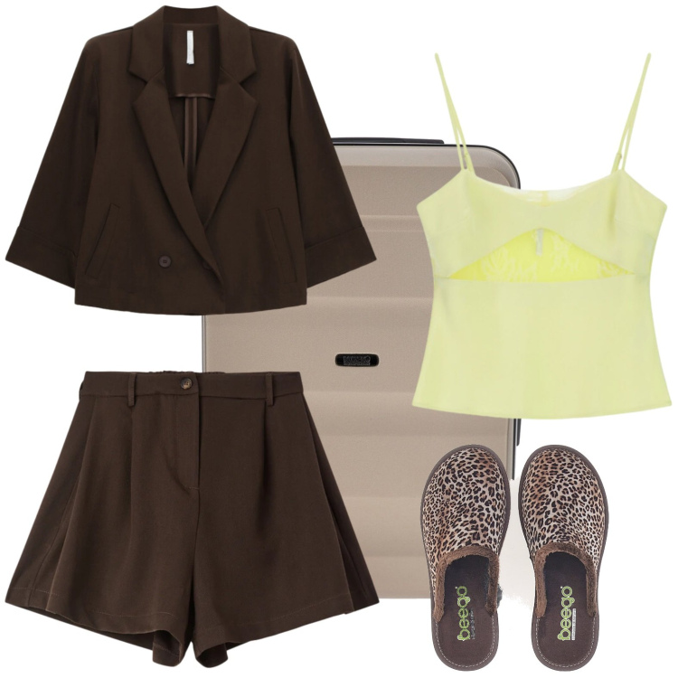Outfit donna - Viaggio glamour. Stile Glamour per Tutti i giorni. Abbinamento con shorts, canottiere, blazer, pantofole, valigie.