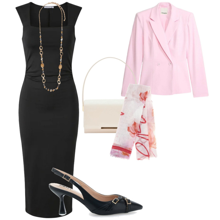 Outfit donna - Cena tra amici. per Serata fuori. Abbinamento con blazer, vestiti midi/longuette, collane, pochette, décolleté, foulard.