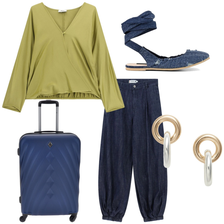 Outfit donna - In viaggio. Stile Minimal per Tutti i giorni. Abbinamento con jeans, bluse, orecchini, ballerine, valigie.