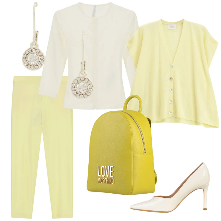 Outfit donna - Total look #2392644. Stile Chic per Ufficio. Abbinamento con zaini, pantaloni, top, gilet, décolleté, orecchini.