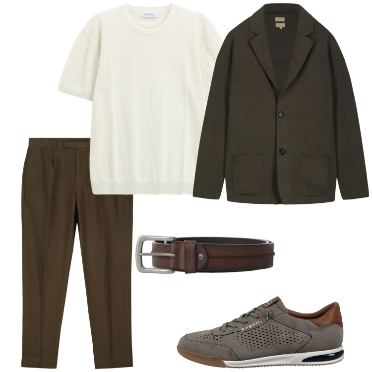 Outfit uomo - Maggio. Stile Trendy per Serata speciale. Abbinamento con cinture, t-shirt, pantaloni, cardigans, sneakers.