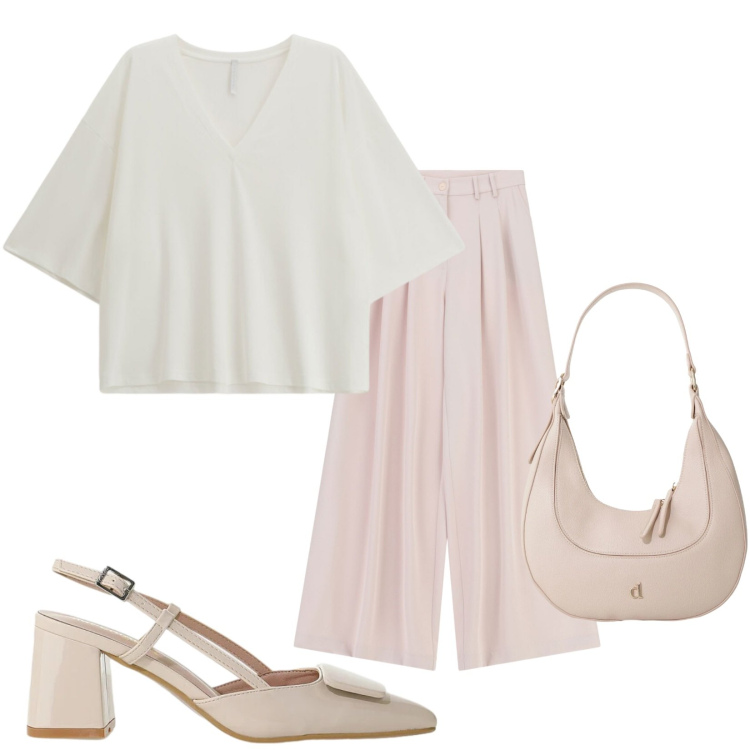 Outfit donna - Shopping in compagnia. Stile Basic per Tutti i giorni. Abbinamento con pantaloni a palazzo, décolleté, bluse, borse a tracolla.