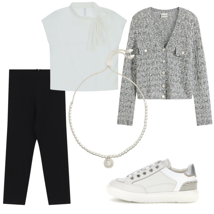 Outfit donna - Classic comfort. Stile Casual chic per Tutti i giorni. Abbinamento con cardigans, canottiere, pantaloni skinny, braccialetti, sneakers.
