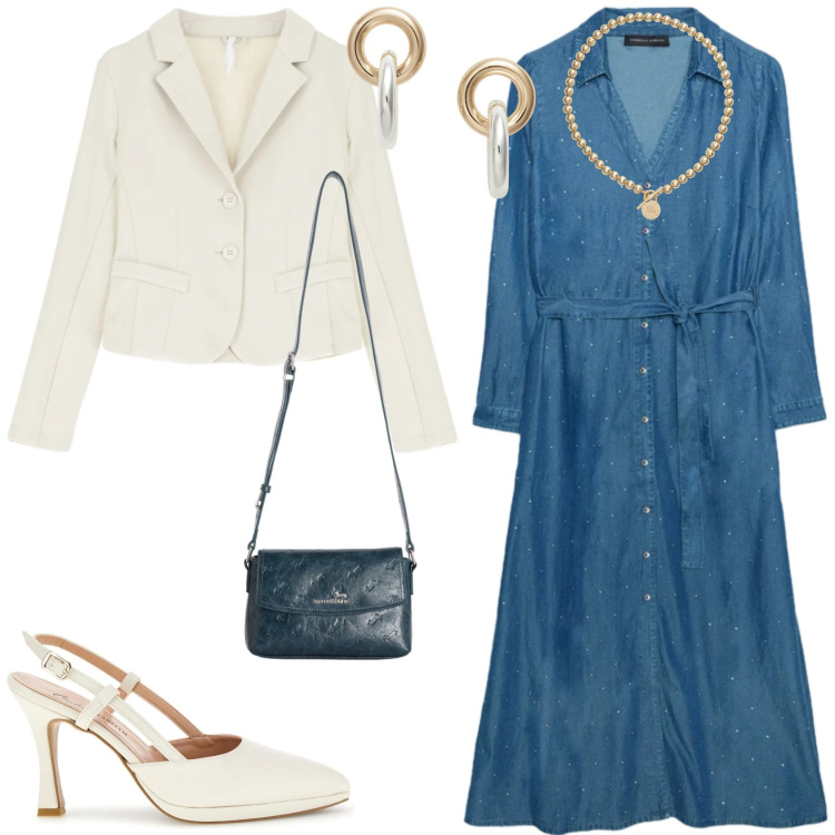 Outfit donna - L\'abito in denim con punti-luce. Stile Chic per Tutti i giorni. Abbinamento con vestiti, borse a tracolla, blazer, collane, orecchini, décolleté.