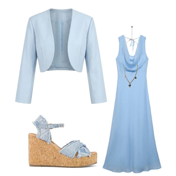 Outfit donna - Azzurro laurea. Stile Casual chic per Cerimonia. Abbinamento con vestiti lunghi, bolero, ciondoli, zeppe.