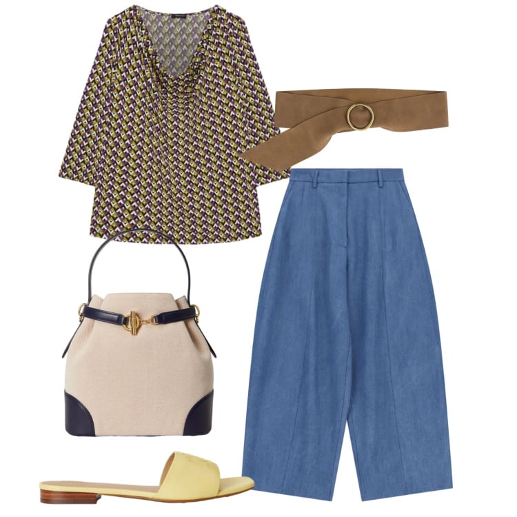 Outfit donna - Over chic. Stile Bon Ton per Tutti i giorni. Abbinamento con jeans, cinture, t-shirt, borse a secchiello, ciabatte.