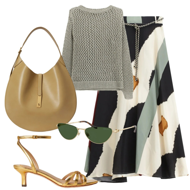 Outfit donna - Gitana chic. Stile Glamour per Tutti i giorni. Abbinamento con maglieria, gonne lunghe, borse a spalla, sandali in pelle, occhiali da sole.