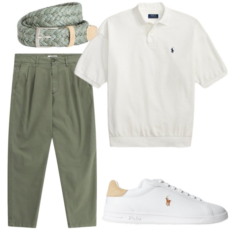 Outfit uomo - Polo Style. Stile Trendy per Ufficio. Abbinamento con pantaloni, cinture, sneakers, polo.