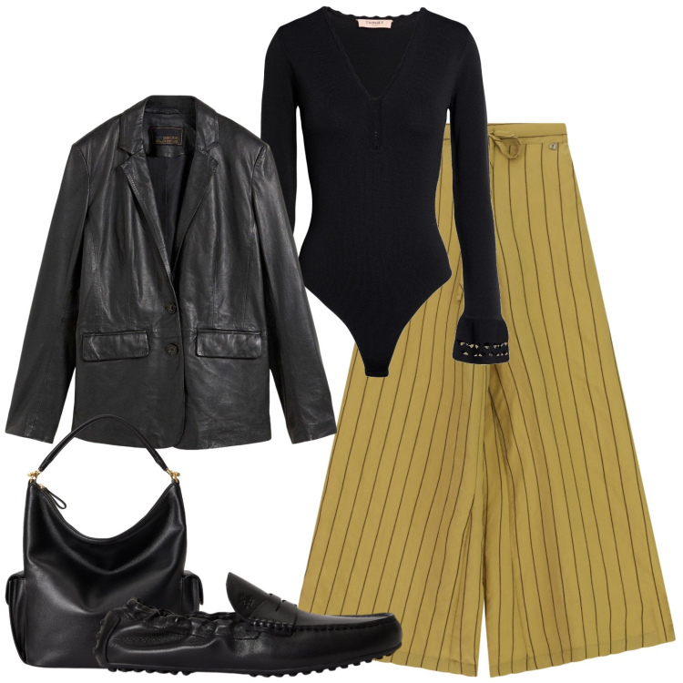 Outfit donna - Passeggiata serale Maggio. Stile Casual chic per Tutti i giorni. Abbinamento con body, blazer, pantaloni a palazzo, borse a spalla, mocassini.