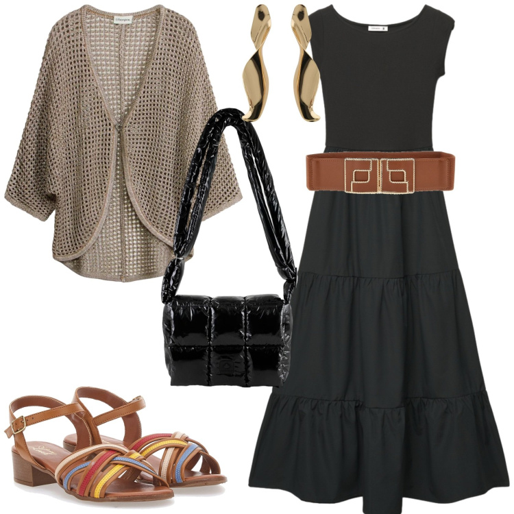 Outfit donna - Il casual chic. Stile Casual chic per Serata fuori. Abbinamento con cardigans, vestiti lunghi, orecchini, borse a spalla, sandali col tacco, cinture.