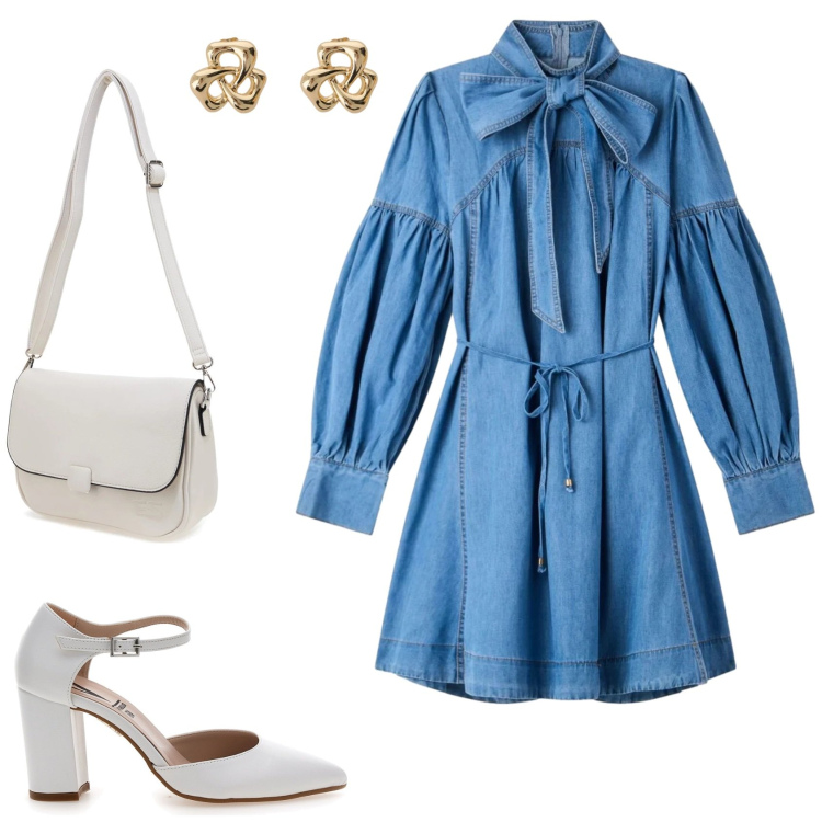 Outfit donna - Un outfit in primavera. Stile Romantica per Serata fuori. Abbinamento con vestiti chemisier, orecchini, borse a tracolla, décolleté.