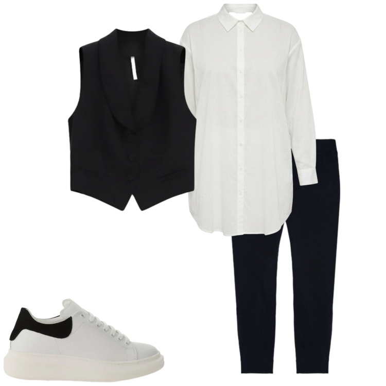 Outfit donna - Black and White. Stile Sporty chic per Serata fuori. Abbinamento con gilet, sneakers, jeggings, camicie.
