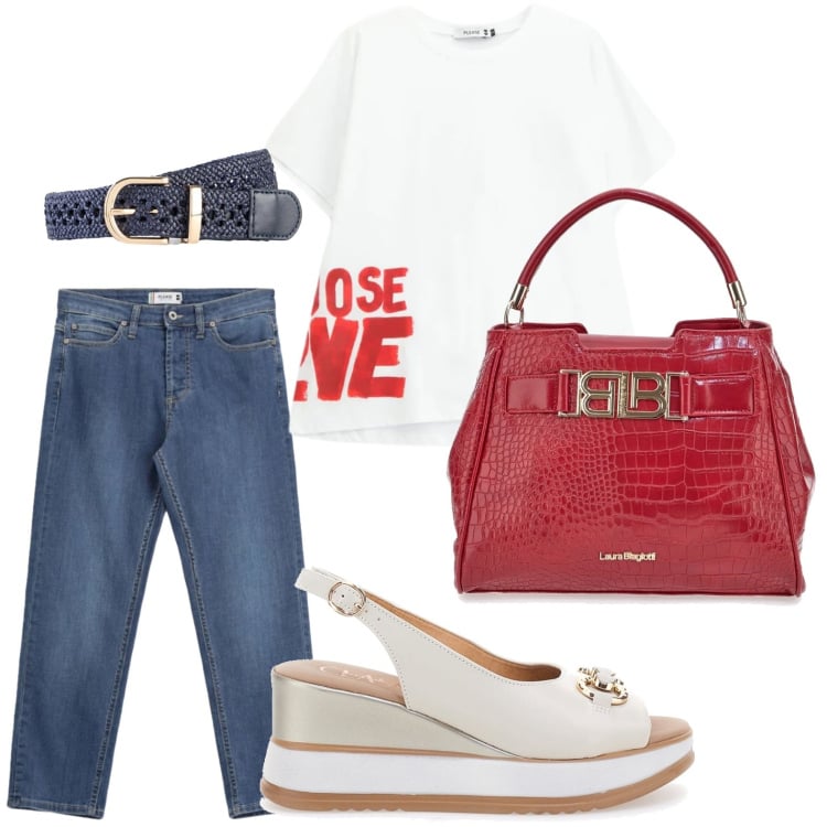 Outfit donna - Jeans e t-shirt. Stile Basic per Tutti i giorni. Abbinamento con cinture, t-shirt, jeans, sandali in pelle, borse a mano.