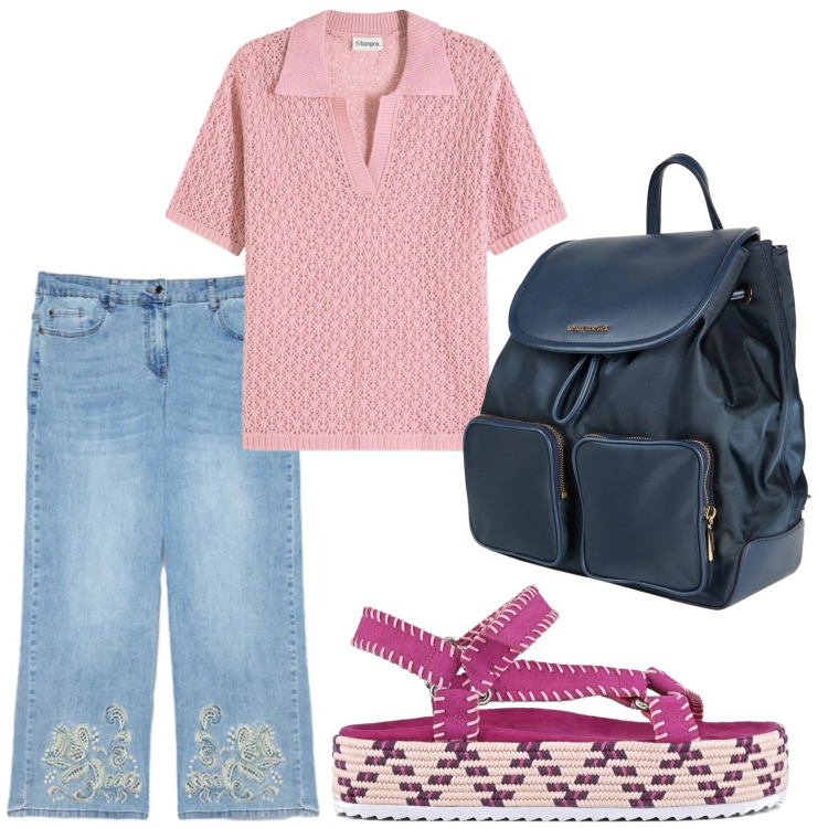 Outfit donna - Jeans e zaino. Stile Trendy per Tutti i giorni. Abbinamento con zaini, polo, jeans, sandali.