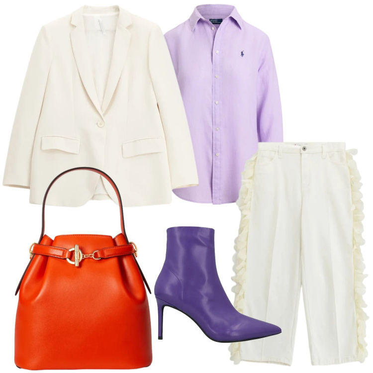 Outfit donna - Dettagli purple. Stile Trendy per Ufficio. Abbinamento con stivaletti, pantaloni, blazer, borse a secchiello, camicie.