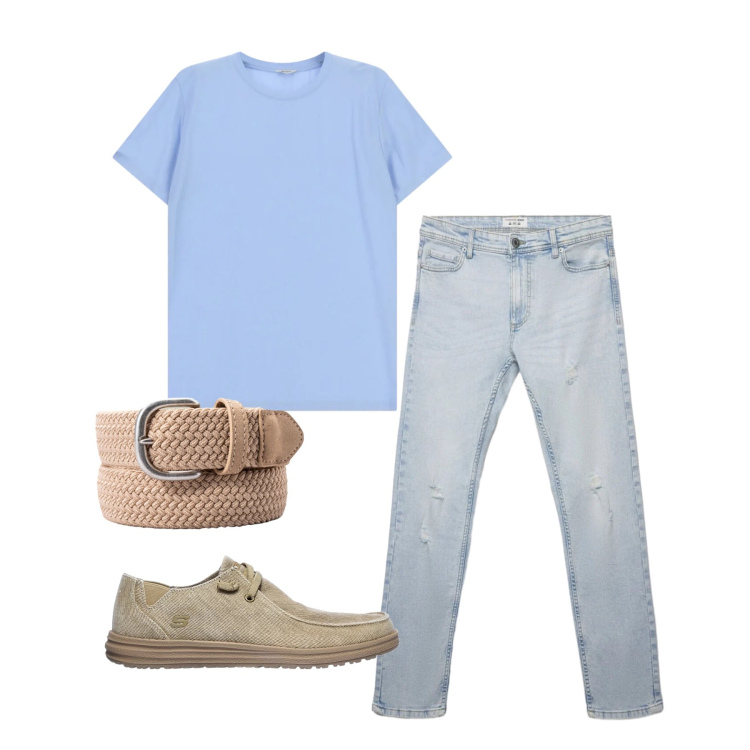 Outfit uomo - Maggio. Stile Casual per Tutti i giorni. Abbinamento con jeans strappati, t-shirt, scarpe stringate, cinture.