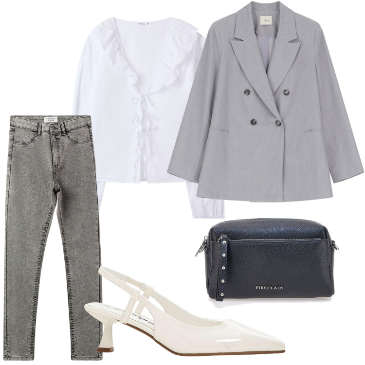 Outfit donna - First lady. Stile Bon Ton per Ufficio. Abbinamento con décolleté, jeggings, camicie, blazer, borse a tracolla.