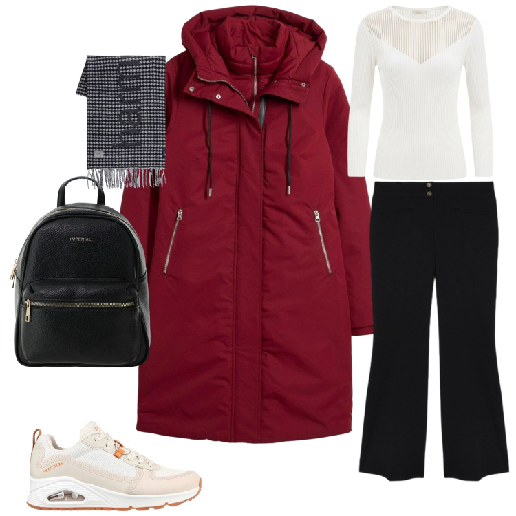 Outfit donna - Total look #2392684. Abbinamento con piumini, pantaloni, sciarpe, zaini, maglieria, sneakers alte.