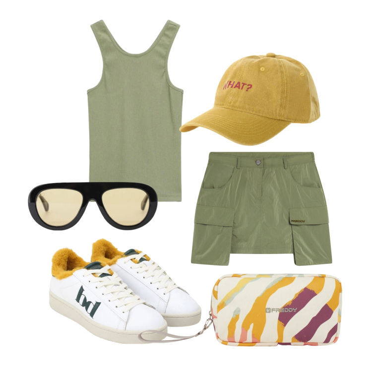 Outfit donna - Maggio. Stile Urban per Tutti i giorni. Abbinamento con occhiali da sole, sneakers, cappelli con visiera, top, minigonne, valigie.