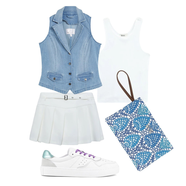 Outfit donna - Maggio. Stile Trendy per Tutti i giorni. Abbinamento con gilet, minigonne, top, pochette, sneakers.