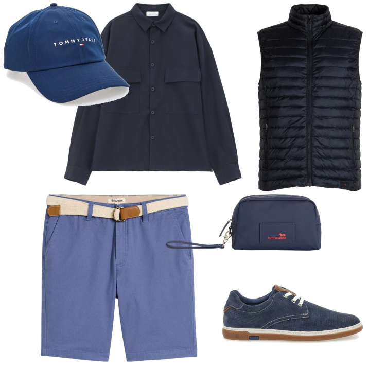 Outfit uomo - Estate. per Mare. Abbinamento con bermuda, borse sportive, camicie, piumini, cappelli con visiera, scarpe stringate.